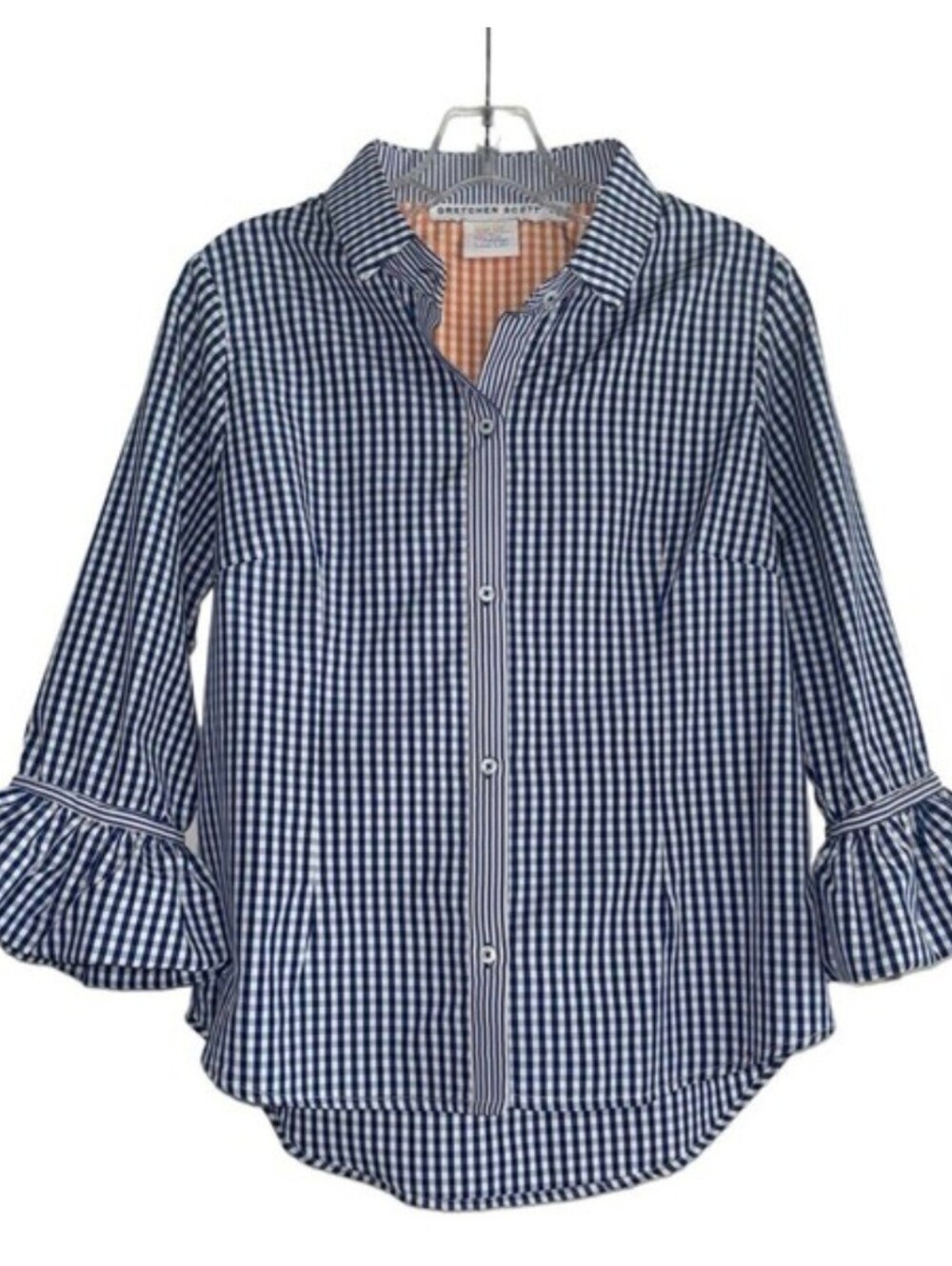 Gretchen Scott Priss Blouse Navy Blue/White Gingham Size Medium